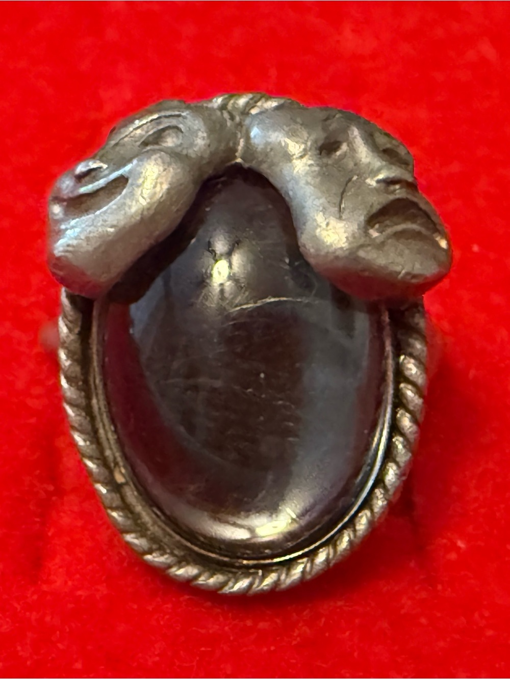 HMS Vintage Oval Black Stone Theater Mask Statement Ring - Women Jewelry